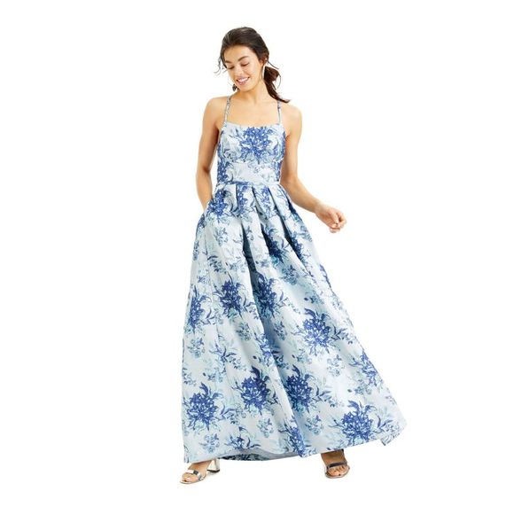 MORGAN & CO Womens Blue Jacquard Floral Full-Length Formal Dress Juniors 13